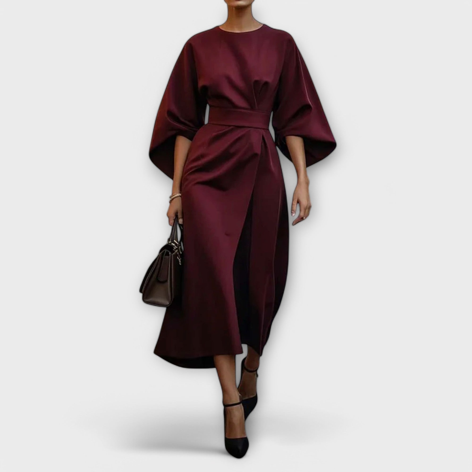 Sonia - Olivgrünes elegantes Satinkleid mit Ärmeln