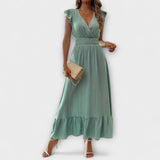 Poet - Grünes Maxikleid mit Rüschen und V-Ausschnitt