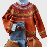 Simone | Rostroter Vintage-Pullover mit Norweger-Muster