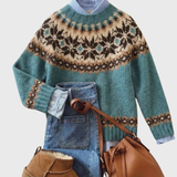 Vellaria | Petrolfarbener Vintage-Pullover mit Norweger-Muster
