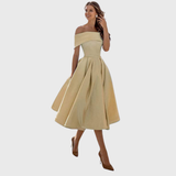 Romy - Beiges Off-Shoulder-Maxikleid mit Drapierung