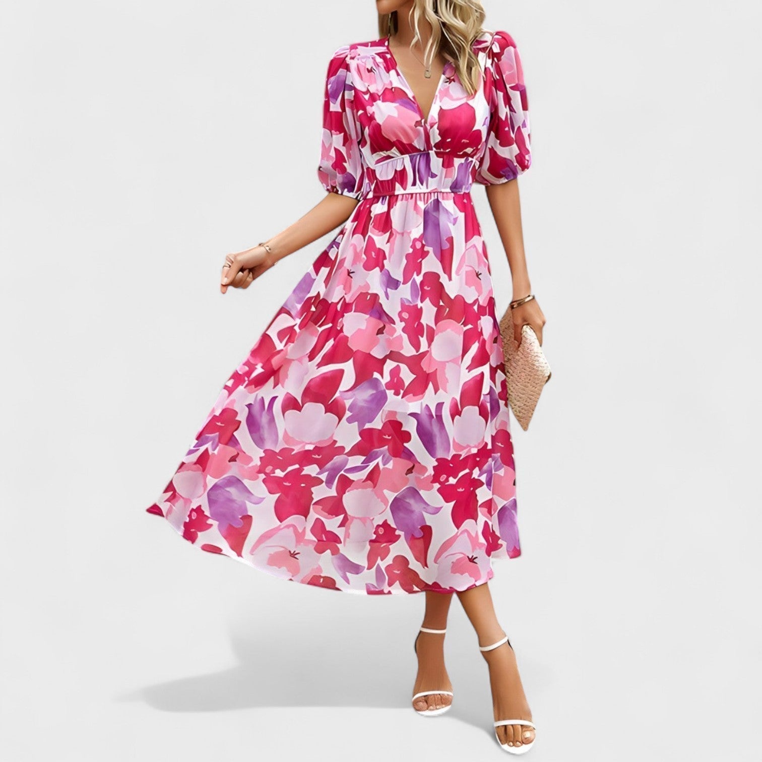 Clara - Blaues Blumen-Midikleid