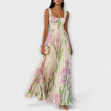 Gefaltetes florales Chiffon-Maxikleid in Creme