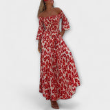 Sienna - Rotes schulterfreies Maxikleid mit Blüten