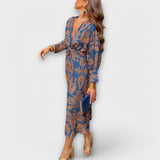 Oriana - Blaues Kleid mit goldenem Muster