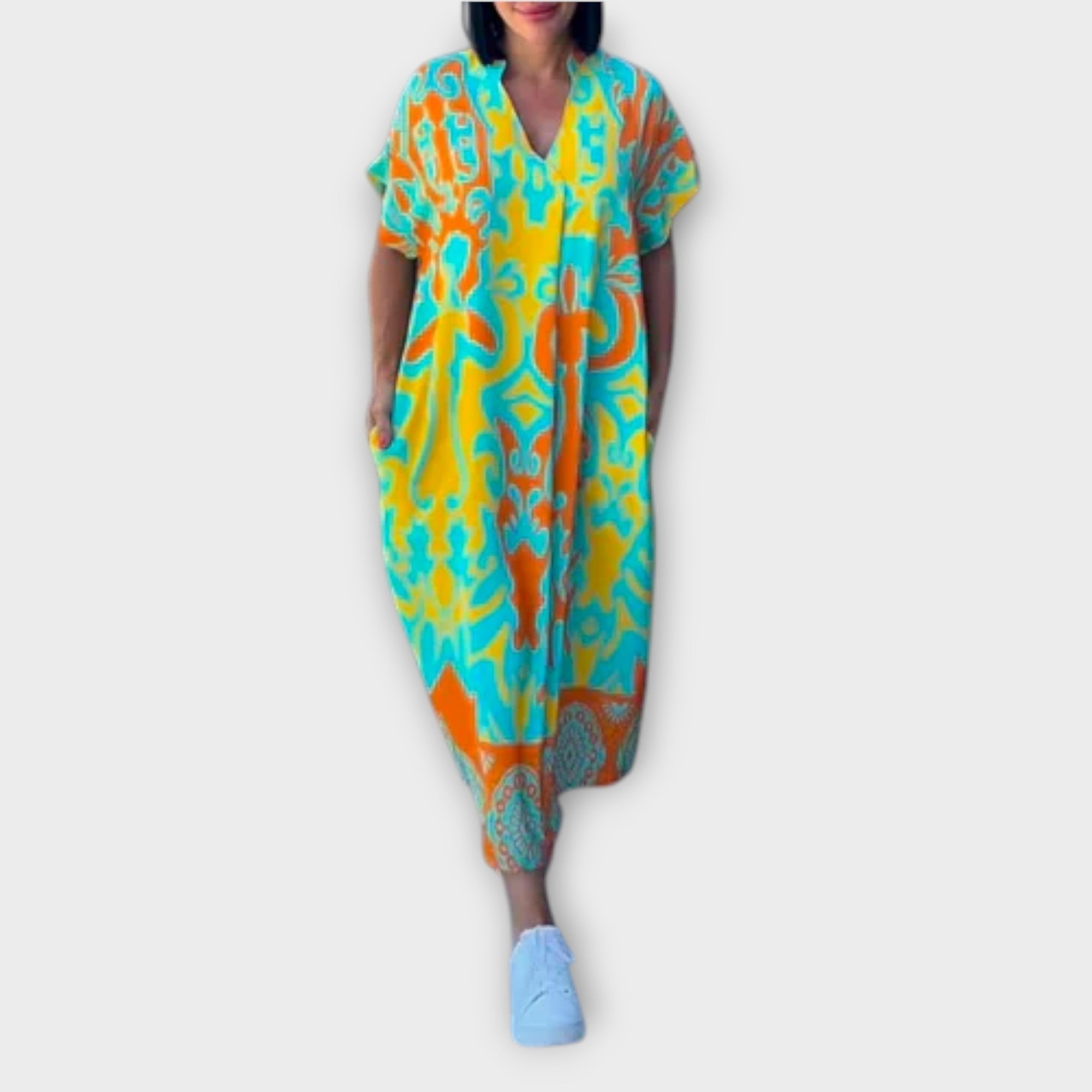 Elena - Blau-grünes elegantes Blumenkleid