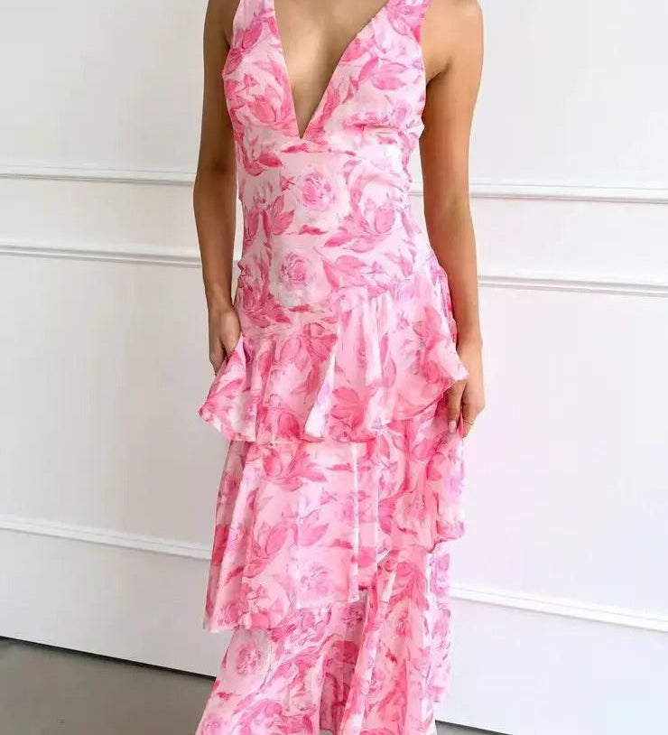 Marina - Rotes elegantes Langkleid mit Blüten