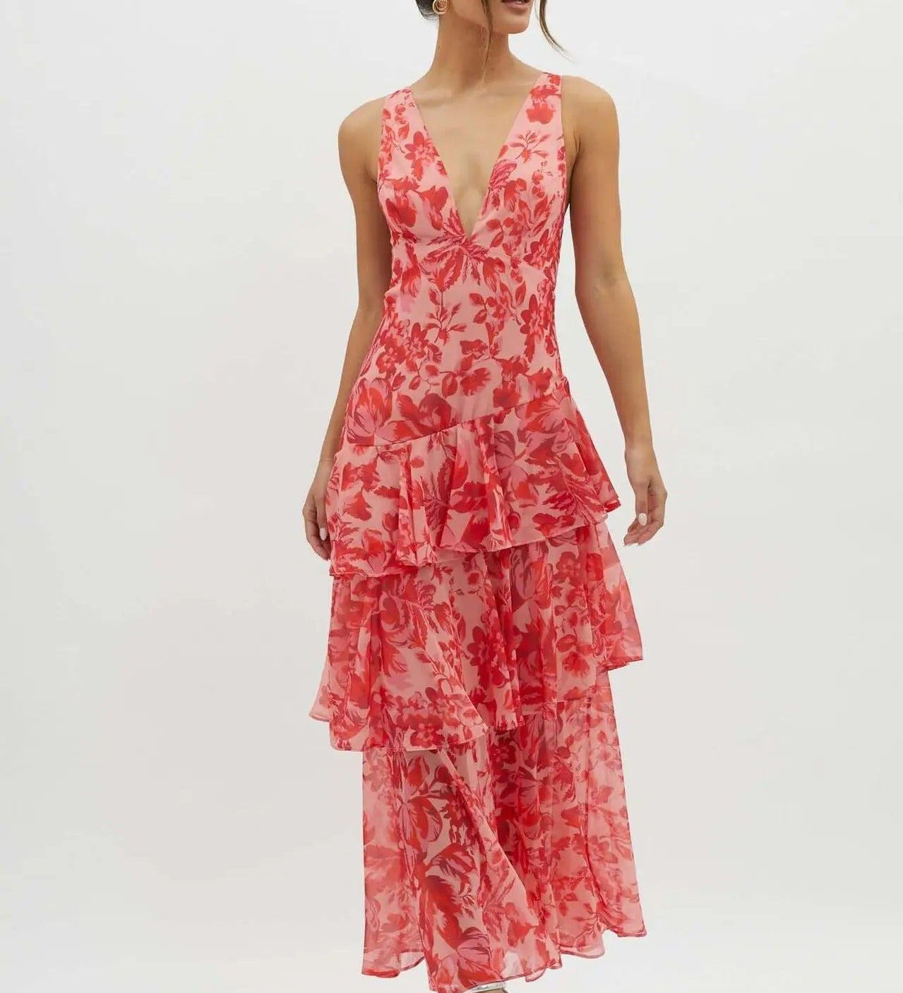 Marina - Rotes elegantes Langkleid mit Blüten