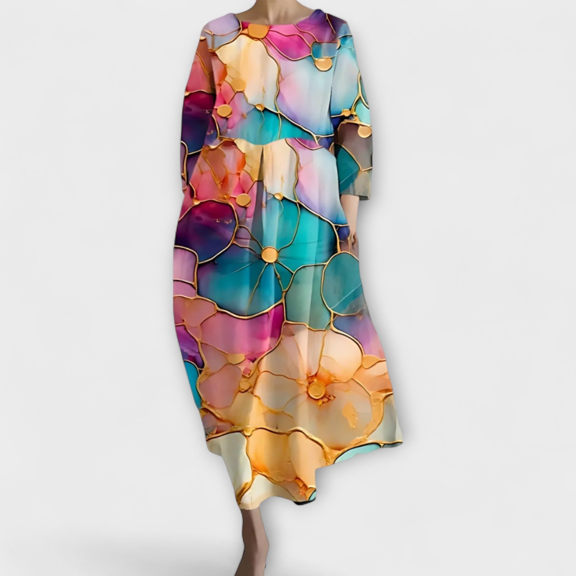 Fiona - Langes farbenfrohes Kleid mit V-Ausschnitt