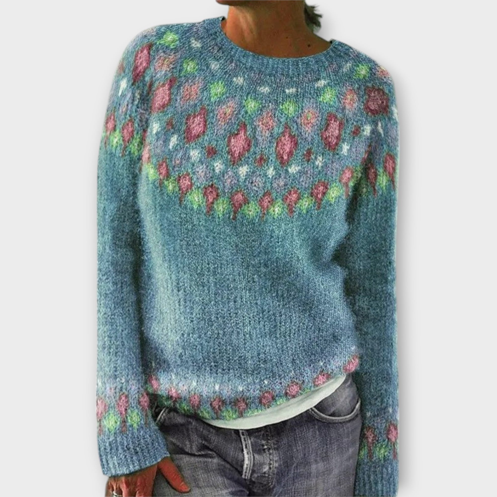 Devyn - Petrolfarbener kuscheliger Pullover mit Norweger-Muster