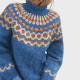 Sonja | Blauer Pullover mit Stehkragen und Norweger-Muster
