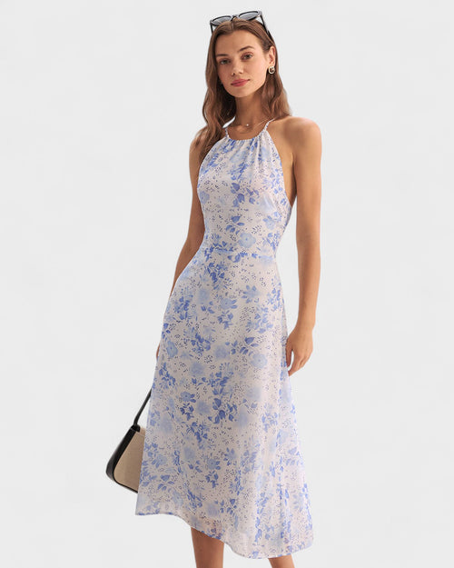 Clarice - Blaues Midikleid mit Blütenmuster